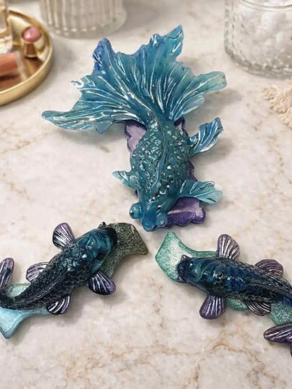 Handmade Resin Betta Koi Fish Hair Clips Trio, Sea Green Blue Purple Accents